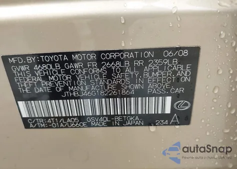 2008 Lexus Es 350 from USA, damaged, VIN JTHBJ46G182261864